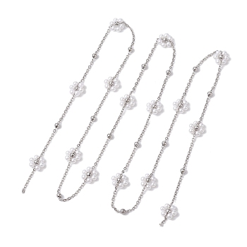 Flower Handmade Acrylic Imitation Pearl Beaded Link Chain, with 304 Stainless Steel Satellite Chains, Soldered, Stainless Steel Color, 11x4mm, about 3.18 Feet(0.97m)/pc