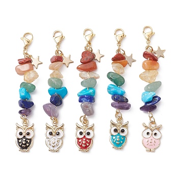 Owl Alloy Enamel Pendant Decorations, with Chakra Gemstone Chips and 304 Stainless Steel Lobster Claw Clasps, Mixed Color, 74mm