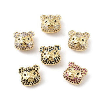 Brass Micro Pave Cubic Zirconia Beads, Long-Lasting Plated, Real 18K Gold Plated, Cadmium Free & Lead Free, Bear Head, Mixed Color, 13x14x10mm, Hole: 1.8mm