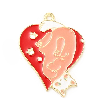Alloy Enamel Pendants, Light Gold, with Cat Pattern Charm, Red, 33.5x25.5x1.5mm, Hole: 1.8mm
