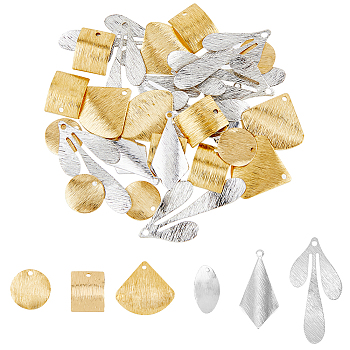 60Pcs 6 Style Brass Charms, Rectangle & Fan & Rhombus, Mixed Color, 12~35.5x0.5~0.8mm, Hole: 1.2~1.5mm, 10pcs/style