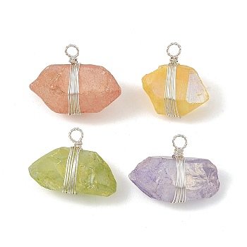 Natural Quartz Crystal Pendants, Nuggets Charms with Copper Wire Wrapped, Silver Color Plated, Mixed Color, 18~20x19~26x10~13mm, Hole: 3mm