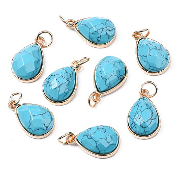 Synthetic Turquoise Pendants, with Light Gold Plated Brass Edge and Iron Loops, Teardrop, Faceted, 19x12x7.5mm, Junp Round: 6x1mm, Inner Diameter: 4mm