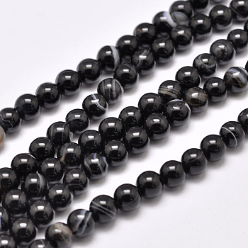 Natural Striped Agate/Banded Agate Bead Strands, Dyed & Heated, Round, Grade A, Black, 14mm, Hole: 1.2mm, about 28pcs/strand, 14.7 inch(37.3cm)