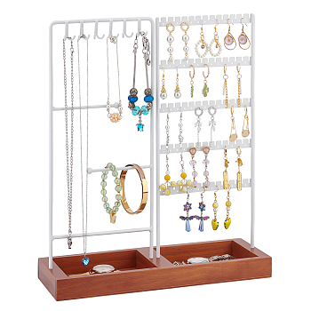 Iron Jewelry Display Stands, with Wooden Tray, Jewelry Organizer Holder for Earrings Bracelets Necklaces Storage, White, 30.1x9.85x35.5cm