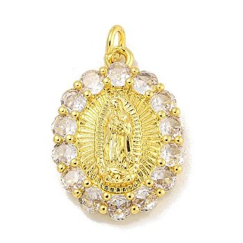 Rack Plating Brass Micro Pave Cubic Zirconia Pendants, Cadmium Free & Lead Free, Long-Lasting Plated, Oval with Virgin Mary Pattern, Real 18K Gold Plated, 21x15.5x4mm, Hole: 3mm