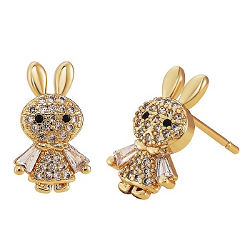 Rabbit Cubic Zirconia Stud Earrings, Brass Earrings for Women, Golden, 15x8.5mm, Pin: 0.6mm