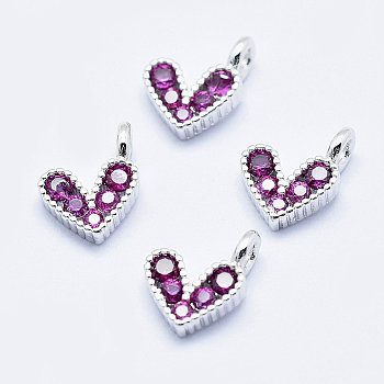 Brass Micro Pave Cubic Zirconia Charms, Long-Lasting Plated, Lead Free & Nickel Free & Cadmium Free, Heart, Hot Pink, Real Platinum Plated, 9.5x6.5x2mm, Hole: 1mm