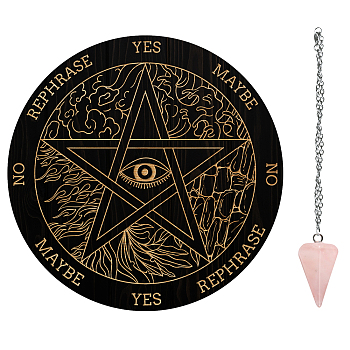 AHADERMAKER 1Pc Wood Pendulum Board, 1Pc 304 Stainless Steel Cable Chain Necklaces, 1Pc Natural Rose Quartz Stone Pendants, for Witchcraft Wiccan Altar Supplies, Star Pattern, Board: 200x4mm