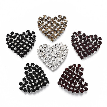 Brass Rhinestone Cabochons, Heart, Silver Color Plated, Mixed Color, 21x23x4.5mm