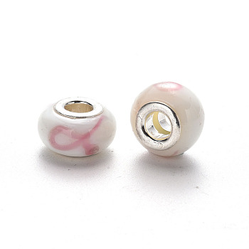 Handmade Lampwork European Beads, Large Hole Rondelle Beads, with Platinum Tone Brass Double Cores, with Pink Line Pattern, Floral White, 14~16x9~10mm, Hole: 5mm