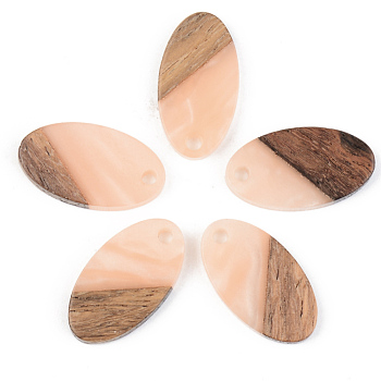 Opaque Resin & Walnut Wood Pendants, Oval, Light Salmon, 20x11x3mm, Hole: 2mm