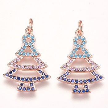 Brass Micro Pave Cubic Zirconia Pendants, Christmas Tree, Colorful, Rose Gold, 22x15x2mm, Hole: 3mm
