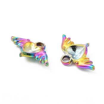 Ion Plating(IP) 304 Stainless Steel Pendant Rhinestone Settings, Heart with Wing, Rainbow Color, Fit for 5x5.5mm Rhinestone, 10x16.5x3mm, Hole: 2.3mm