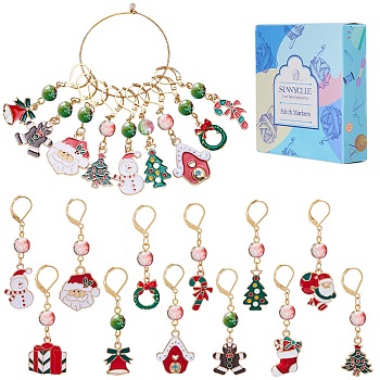 24Pcs 12 Style Christmas Theme Alloy Enamel Pendant Locking Stitch Markers, 304 Stainless Steel Stitch Marker with Glass Beads, Mixed Shapes, Mixed Color, 5.1~6cm, 2pcs/style