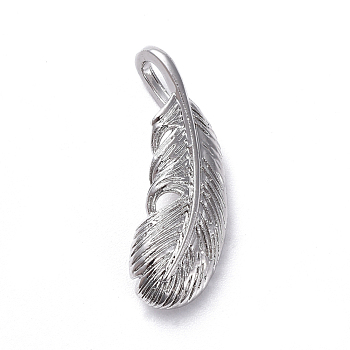 Brass Pendants, Long-Lasting Plated, Feather, Real Platinum Plated, 19x7x2mm, Hole: 2x4mm