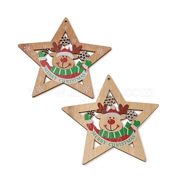 Christmas Theme Natural Wood Big Pendants, Star with Christmas Reindeer/Stag, Colorful, 101~106x105~107x3mm, Hole: 3mm(X-WOOD-B001-16)