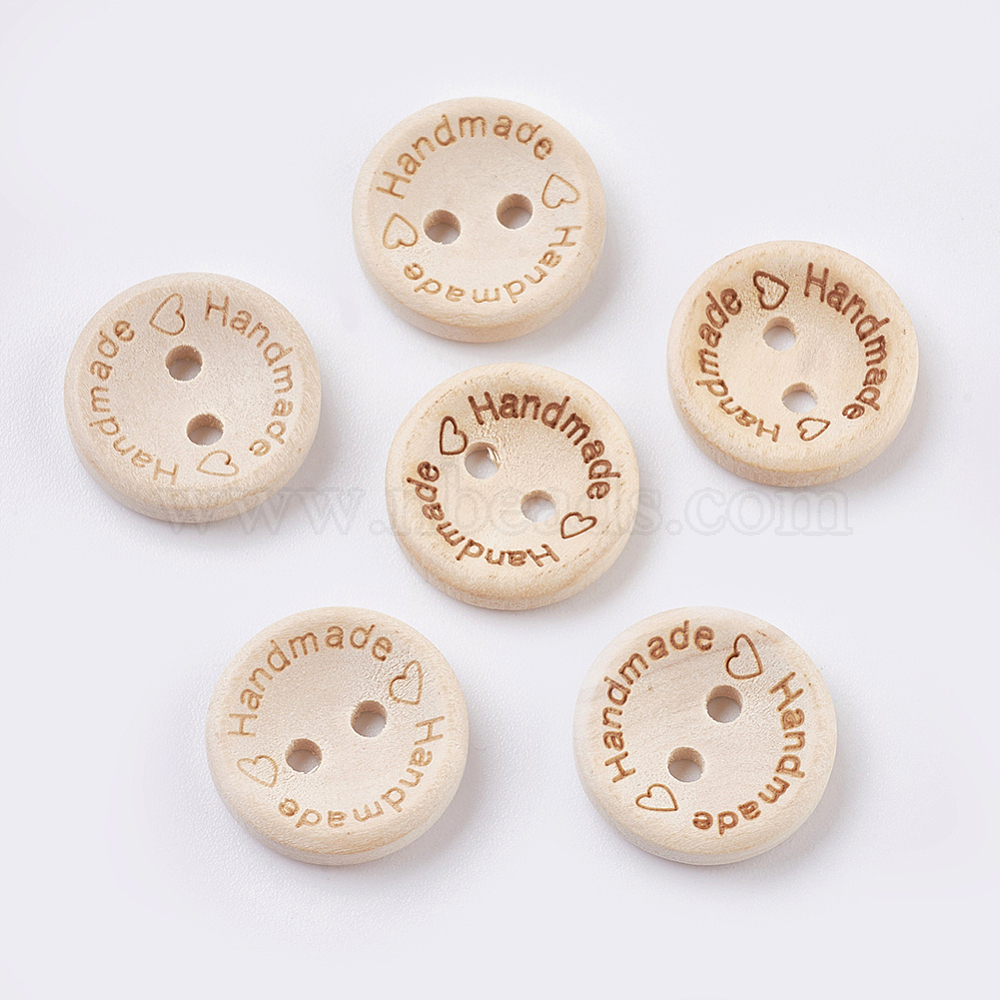 Wooden Buttons, 2-Hole, with Word, Flat Round with Word Handmade with Love, Blanched Almond, 15x3mm, Hole: 2mm Wood Flat Round