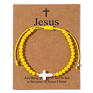 Adjustable Sea Shell Cross & Faceted Rondelle Glass Braided Bead Bracelets for Women, Yellow, 11 inch(28cm)(AZ6679-2)