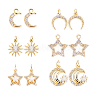 12Pcs 6 Style Brass Cubic Zirconia Charms, with Jump Ring, Long-Lasting Plated, Star & Moon & Sun, Real 18K Gold Plated, 12~13.5x8~14x2~4.5mm, 2pcs/style(ZIRC-FH0001-36)