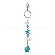 Dyed Synthetic Turquoise Pendant Decorations, with Natural Shell Charms and Zinc Alloy Lobster Claw Clasps, Turtle & Starfish & Conch, Dark Turquoise, 120mm(HJEW-JM01493-01)