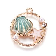 Zinc Alloy Pendants, with Enamel and Acrylic Pearl, Ring with Shell & Star Fish, Light Gold, Sea Green, 28x25.5x5mm, Hole: 1.8mm(X-ENAM-P164-02C)