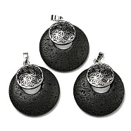 Natural Lava Rock Pendants, Spiritual Charms, with Platinum Tone Brass Findings, Flat Round with Flower of Life/Sacred Geometry, 32~32.5x28~30x7~7.5mm, Hole: 5x8mm(KK-F751-M-A11)