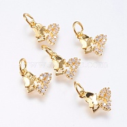Brass Micro Pave Cubic Zirconia Charms, Cadmium Free & Lead Free, Butterfly, Real 18K Gold Plated, 11x10x2mm, Hole: 3mm(RB-I077-08G-RS)