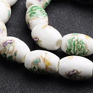 Flower Printed Handmade Porcelain European Beads, Large Hole Barrel Beads, Green, 20x15mm, Hole: 5mm(PORC-I005-02)