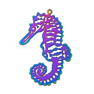 Ion Plating(IP) 201 Stainless Steel Etched Metal Embellishments Pendants, Rainbow Color, Sea Horse, 41x27x0.3mm, Hole: 1.2mm(STAS-G328-02E-RC)