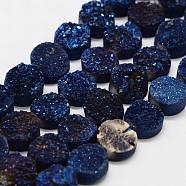 Electroplated Natural & Dyed Druzy Agate Bead Strands, Grade AB, Flat Round, Dark Blue, 14x5~8mm, Hole: 1mm, about 14pcs/strand, 7.87 inch(G-N0169-004E-03)