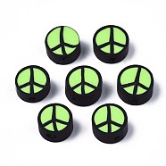 Handmade Polymer Clay Beads, Flat Round with Peace Sign, Lime Green, 9~10x4.5mm, Hole: 1.6mm(CLAY-N007-006-06)