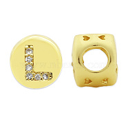 Brass Micro Pave Clear Cubic Zirconia Beads, Flat Round with Letter, Letter.L, 7.5x6.5mm, Hole: 3.5mm, 3pcs/bag(KK-T030-LA843-LX3)