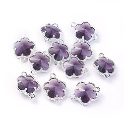 Glass Links connectors, with Eco-Friendly Alloy Open Back Berzel Findings, Flower, Silver Color Plated, Indigo, 15.5x12x5mm, Hole: 1.4mm(X-GLAA-A037-A-12S)