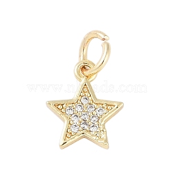 Rack Plating Brass Micro Pave Clear Cubic Zirconia Charms, with Jump Rings, Long-Lasting Plated, Lead Free & Cadmium Free, Star, Real 18K Gold Plated, 10.5x8.5x1.5mm, Hole: 3mm(KK-Z060-08G-01)