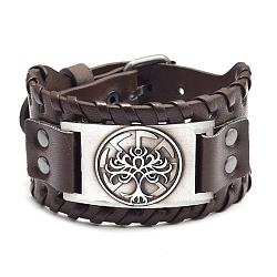 Viking Imitation Leather Cord Bracelets, with Alloy Links, Rectangle with Tree of Life, Antique Silver, 11 inch(28cm)(PW-WG0AC8F-04)