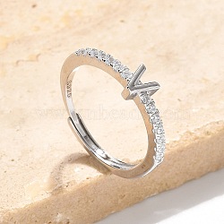 S925 Sterling Silver Adjustable Letter Rings for Women, with Micro Pave Cubic Zirconia, Letter V, 2mm,US Size 5 1/2(16.1mm), Letter: 5x4.5mm(RJEW-M068-01P-V)