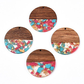 Transparent Resin & Walnut Wood Pendants, with Gold Foil, Flat Round Charms, Camellia, 38.5x3mm, Hole: 2mm