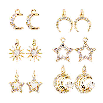 12Pcs 6 Style Brass Cubic Zirconia Charms, with Jump Ring, Long-Lasting Plated, Star & Moon & Sun, Real 18K Gold Plated, 12~13.5x8~14x2~4.5mm, 2pcs/style