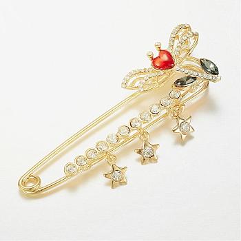 Alloy Glass Rhinestone Brooches, Dragonfly, Golden, 81x27mm, Pin: 1.8mm
