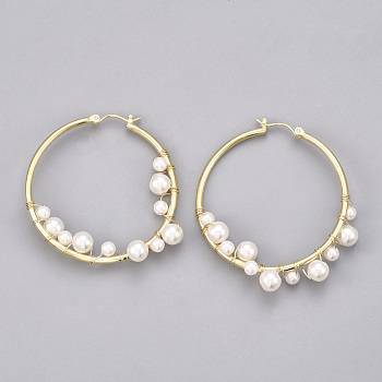 ABS Plastic Imitation Pearl Earring Hooks, with Brass Findings, Real 18K Gold Plated, 48x47x8mm, Pin: 0.8mm