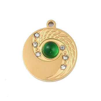 Ion Plating(IP) 304 Stainless Steel Pendants, with Rhinestone and Glass, Flat Round, Golden, 16x14x4mm, Hole: 1.2mm