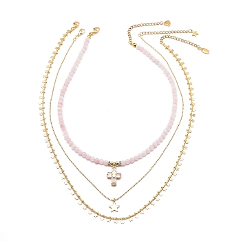 3Pcs 3 Style Natural Rose Quartz Cross & Star Pendant Necklaces Set with Brass Chains, Gemstone Jewelry for Women, Golden, 15.35~19.84 inch(39~50.4cm), 1Pc/style