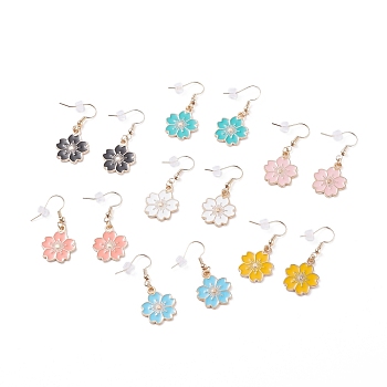 Sakura Flower Enamel Dangle Earrings, Brass Drop Earrings for Women, Mixed Color, 40mm, Pin: 0.7mm