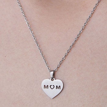 201 Stainless Steel Heart with Word Mom Pendant Necklace for Mother's Day, Stainless Steel Color, 17.72 inch(45cm)