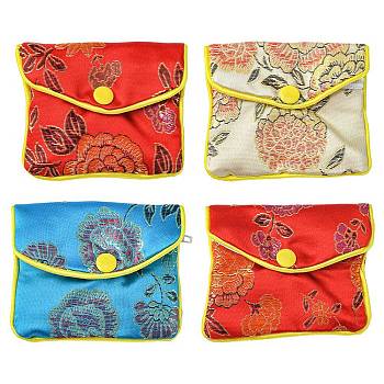 Rectangle Floral Embroidery Cloth Zipper Pouches, Jewelry Storage Bags, Mixed Color, 7x8cm