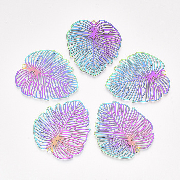 201 Stainless Steel Filigree Pendants, Etched Metal Embellishments, Monstera Leaf, Rainbow Color, 39.5x35x0.2mm, Hole: 2mm