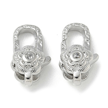 Brass Micro Pave Clear Cubic Zirconia Lobster Claw Clasps, Flower, Platinum, 11.5x6.5x5mm, Hole: 2.5mm