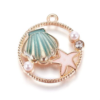 Zinc Alloy Pendants, with Enamel and Acrylic Pearl, Ring with Shell & Star Fish, Light Gold, Sea Green, 28x25.5x5mm, Hole: 1.8mm