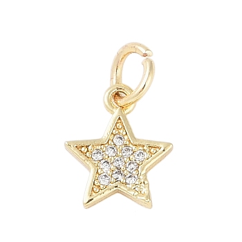 Rack Plating Brass Micro Pave Clear Cubic Zirconia Charms, with Jump Rings, Long-Lasting Plated, Lead Free & Cadmium Free, Star, Real 18K Gold Plated, 10.5x8.5x1.5mm, Hole: 3mm